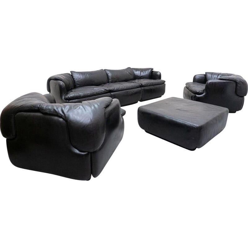 Vintage living room set in black leather by Alberto Rosselli for Saporiti, Italy