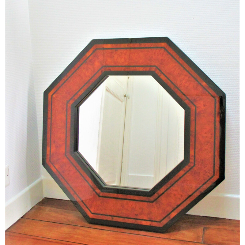Vintage octagonal burr wood mirror by Jean-Claude Mahey