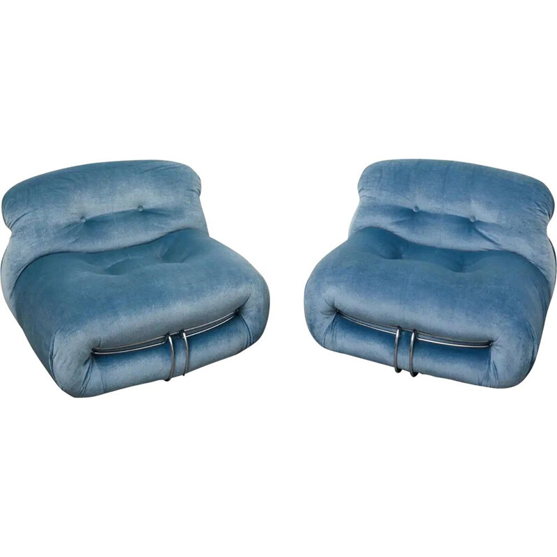 Pair of vintage armchairs in sky blue velvet by Afra & Tobia Scarpa for Cassina, 1970