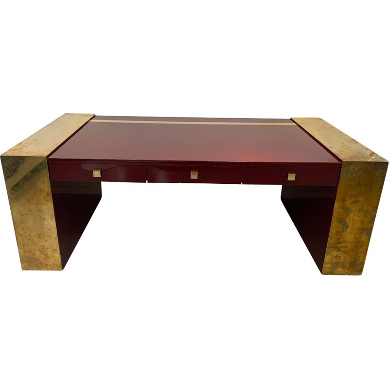 Vintage lacquered wood and brass desk by Jean Claude Mahey, 1970