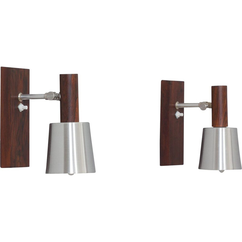Pair of vintage rosewood wall lamps with aluminium shades by Jo Hammerborg, Denmark 1960s