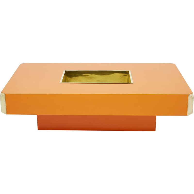 Vintage lacquered orange brass coffee table by Willy Rizzo, 1970