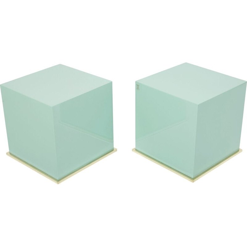 Pair of vintage turquoise blue lacquer and brass cube side tables by J.C. Mahey, 1970