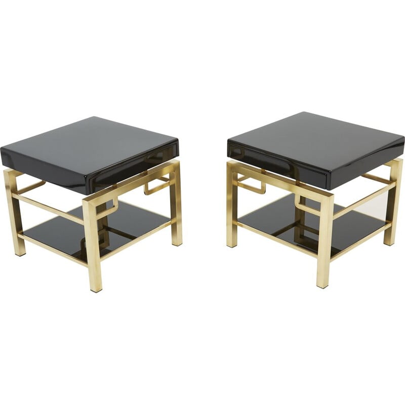 Pair of vintage side tables in black lacquer and brass by Guy Lefevre for Jansen, 1970