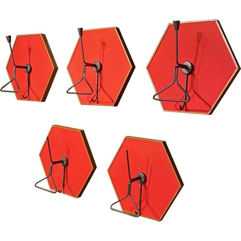 Set of 5 vintage red coat hooks