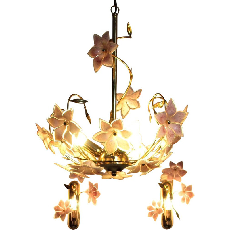 Vintage glass Murano chandelier and pair of wall lamps, 1970s