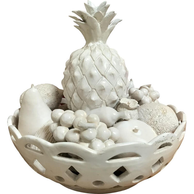 Vintage white earthenware fruit bowl by Jean Roger, France 1960