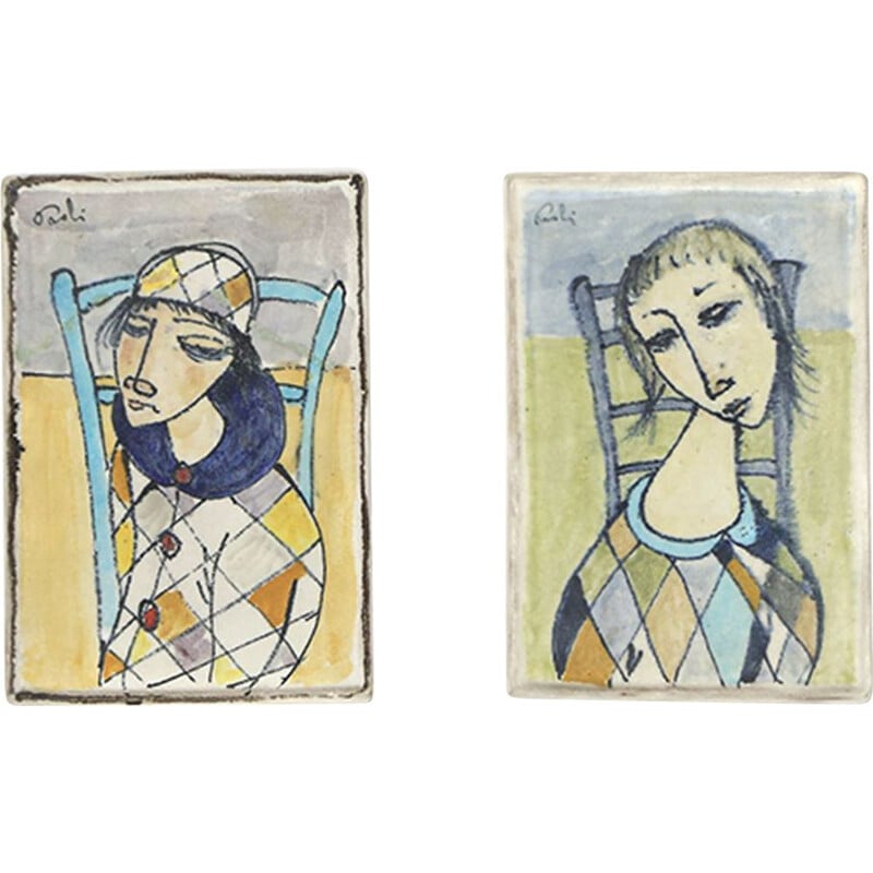 Pair of vintage glazed ceramic tiles by Bruno Paoli, 1950s