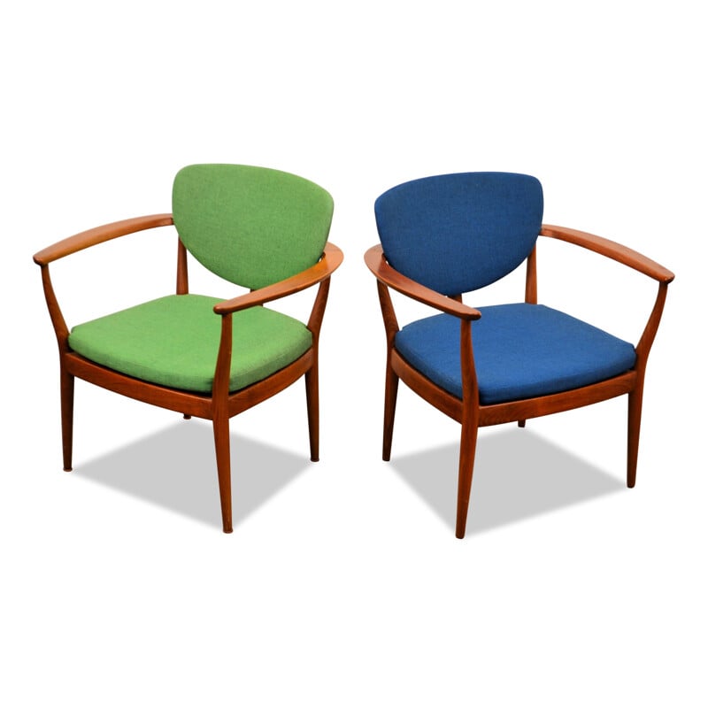 Pair of Danish armchairs in teak and blue and green fabric - 1960s