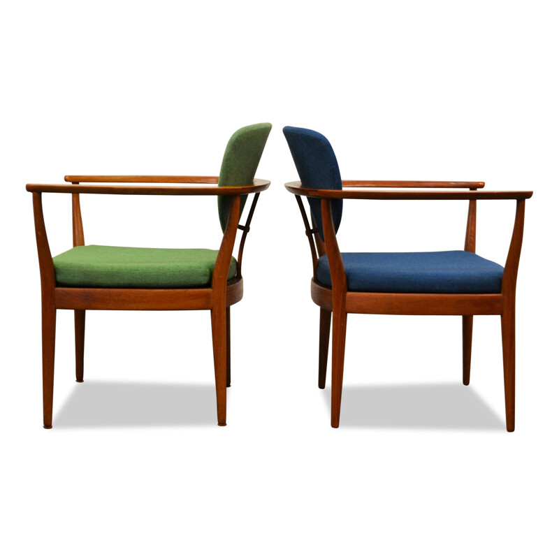 Pair of Danish armchairs in teak and blue and green fabric - 1960s