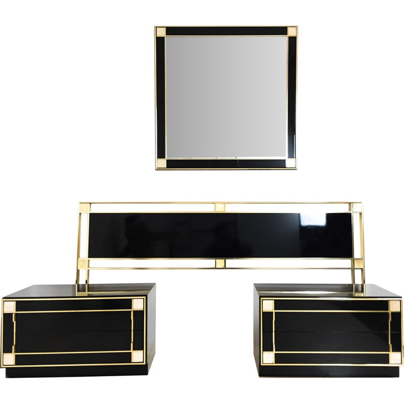Vintage bedroom set in black lacquer and brass by Pierre Cardin, 1970s