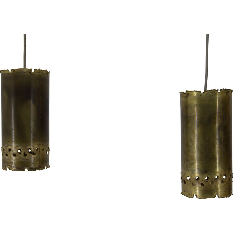 Pair of vintage Brutalist brass pendant lamps by Svend Aage for Holm Sørensen, Denmark 1960s