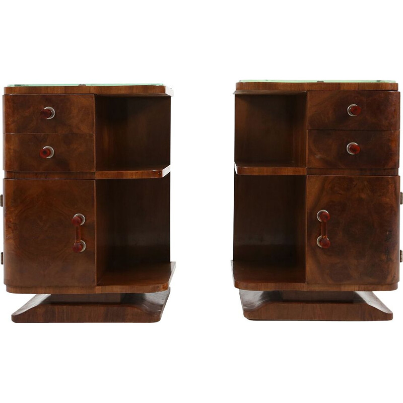 Pair of vintage Art Deco wood and glass night stands, 1930