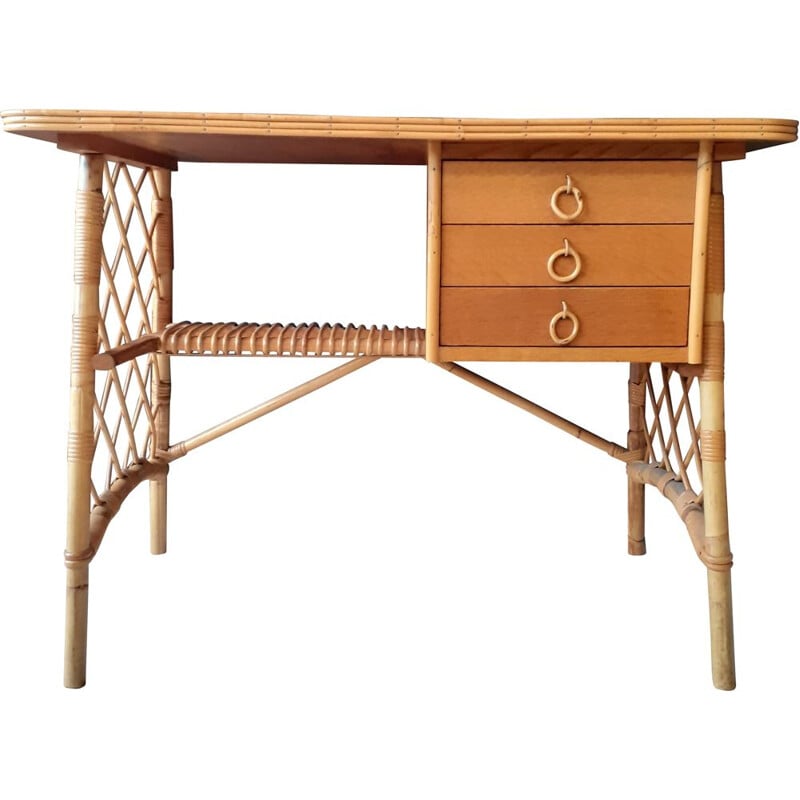 French vintage desk in rattan by Louis Sognot, 1950