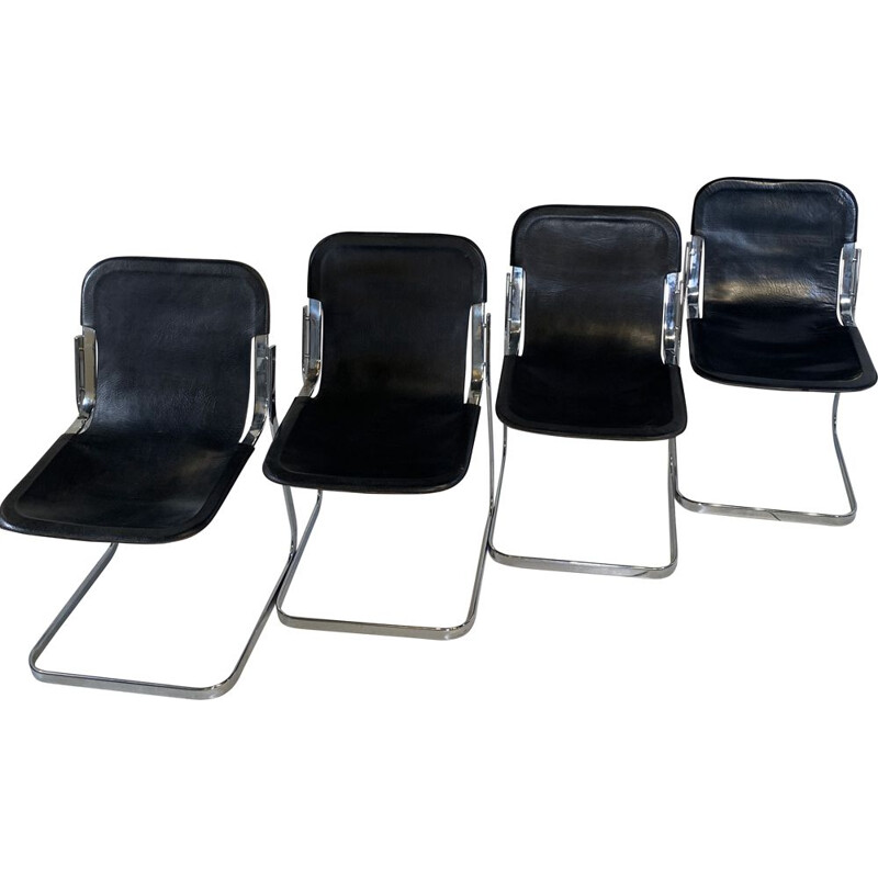 Set of 4 vintage black leather chairs by Willy Rizzo for Cidue, 1970