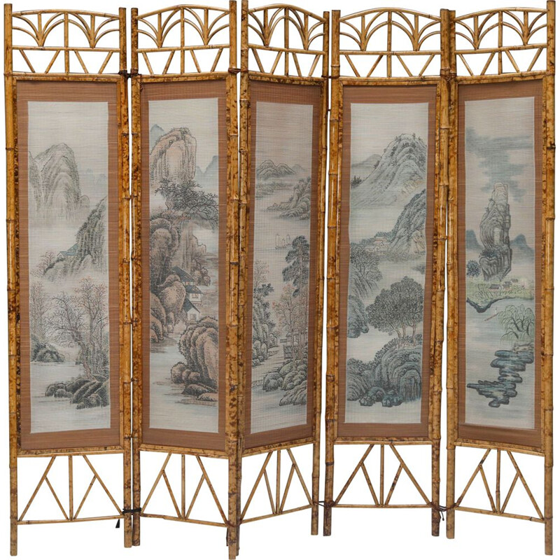 Vintage oriental bamboo & fabric room divider, 1960s