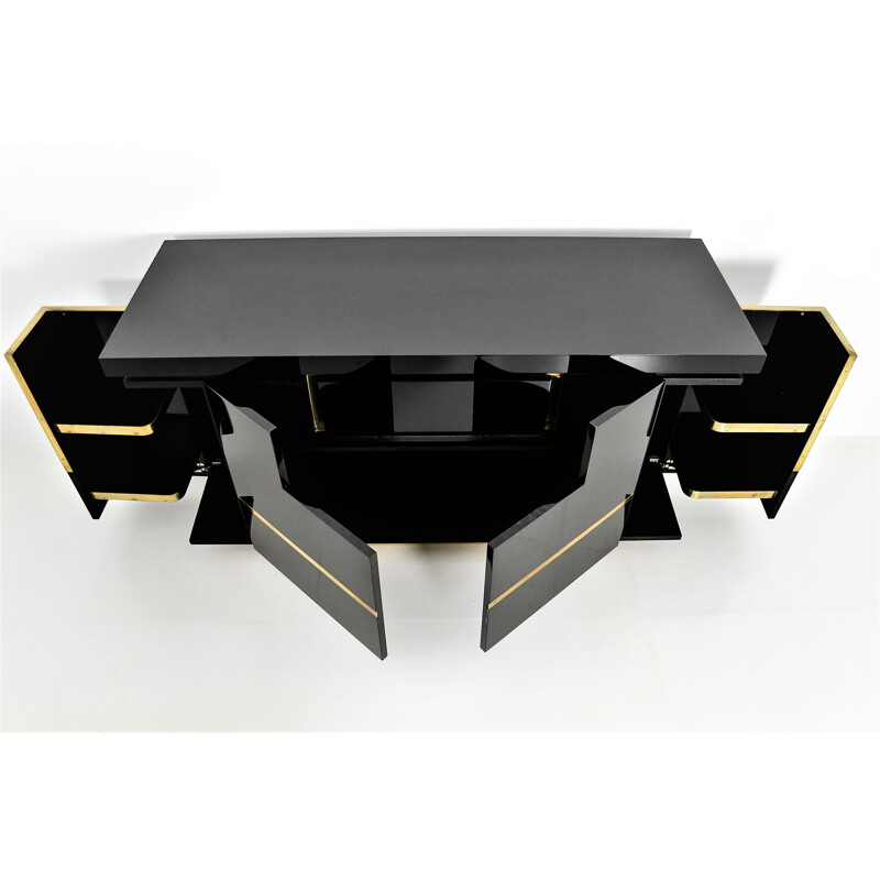 Vintage sideboard in black lacquer and brass by Jean-Claude Mahey for Maison Jansen, 1970s