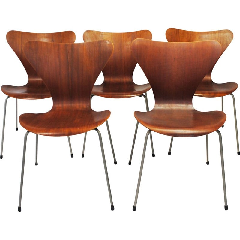 Set of 5 vintage 7-series teak chairs by Arne Jacobsen for Fritz Hansen, 1950s