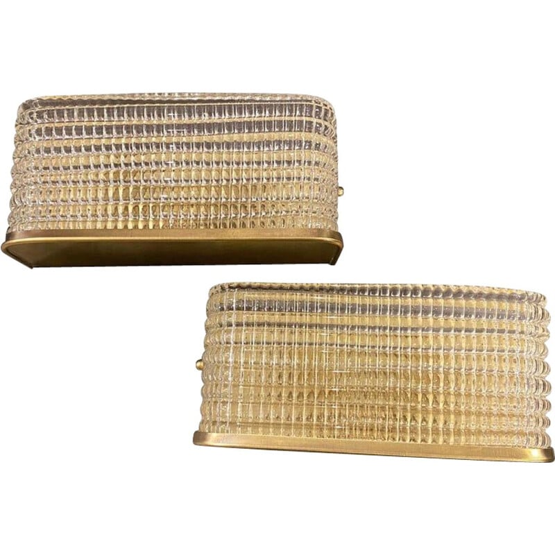 Pair of mid-century brass and glass rectangular wall lamps, 1980s