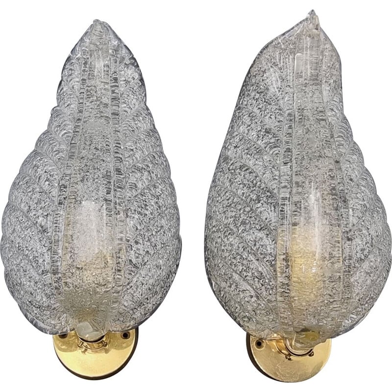 Pair of vintage Murano glass leaf wall lamps by Barovier & Toso, Italy 1950s