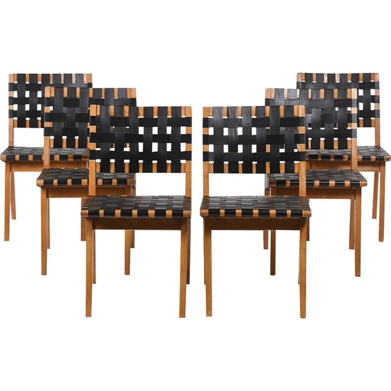 Set of 6 vintage birchwood and leather chairs by Jens Risom for Knoll, 1950
