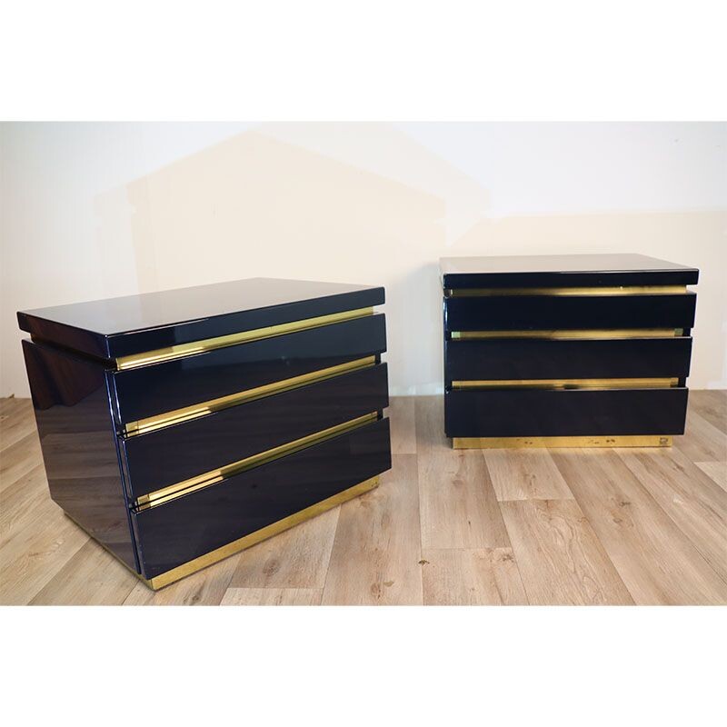 Pair of vintage night stands in lacquered wood and brass by Jean-Claude Mahey, 1970