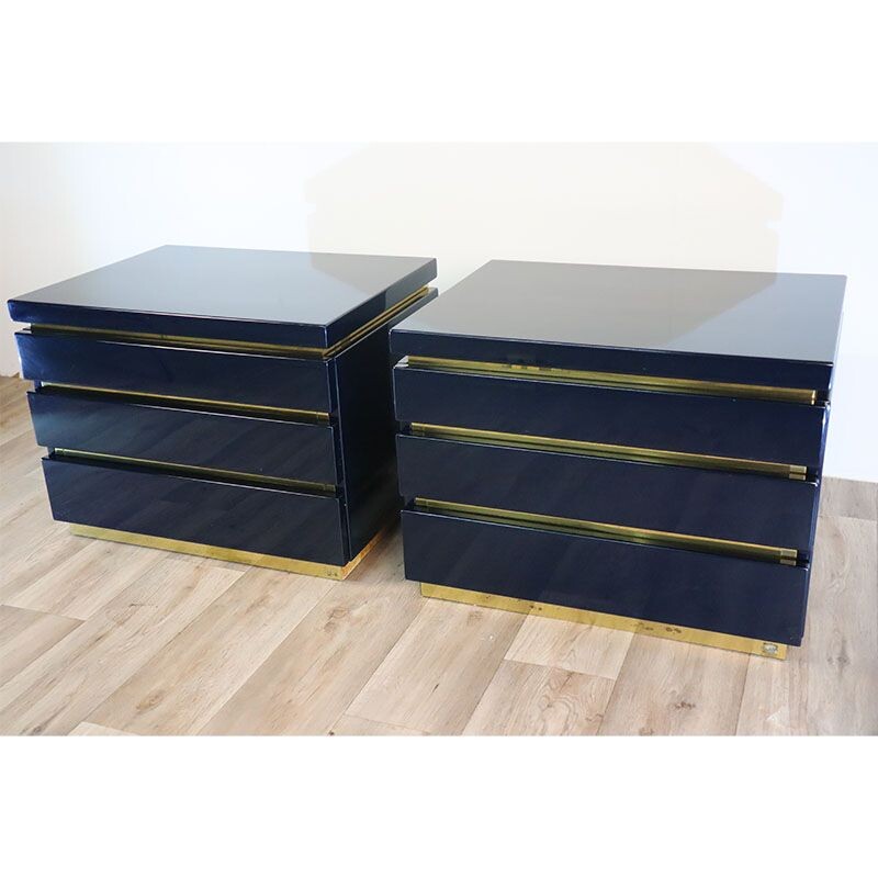 Pair of vintage night stands in lacquered wood and brass by Jean-Claude Mahey, 1970