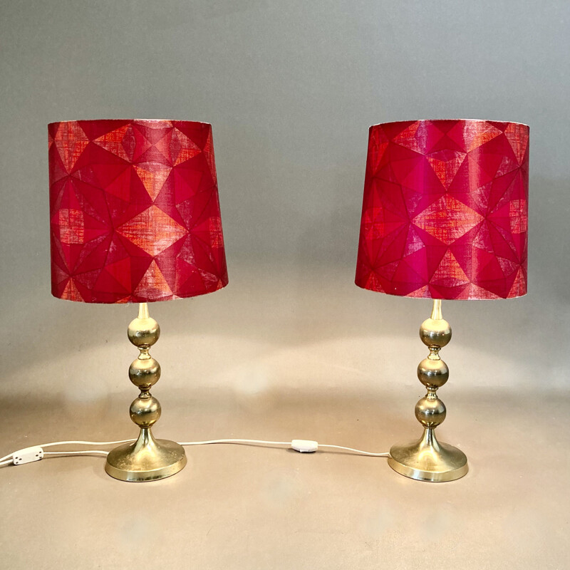 Pair of Scandinavian vintage metal and silk lamps, 1950