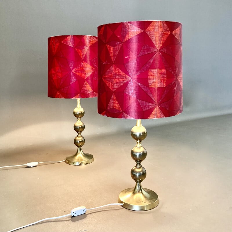 Pair of Scandinavian vintage metal and silk lamps, 1950