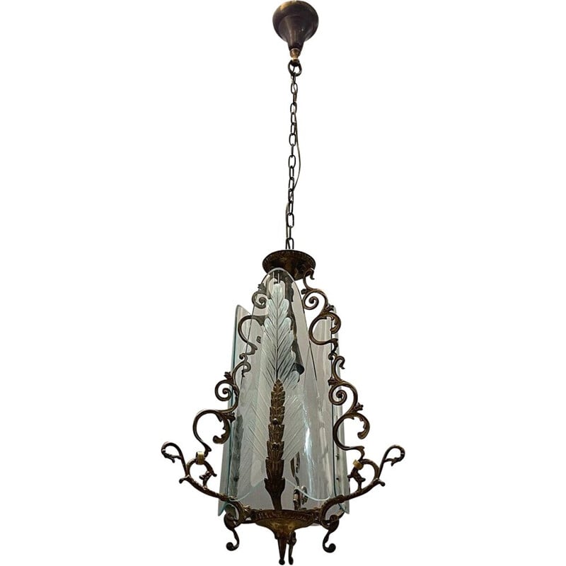 Italian Art Deco vintage bronze and etched glass pendant lamp, 1940-1950s