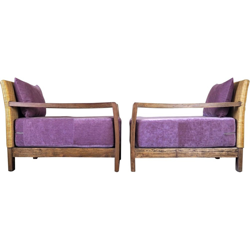 Pair of vintage rattan armchairs with velvet cushions, 1950