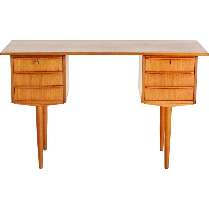Teak vintage Danish desk with six-drawer, 1960s