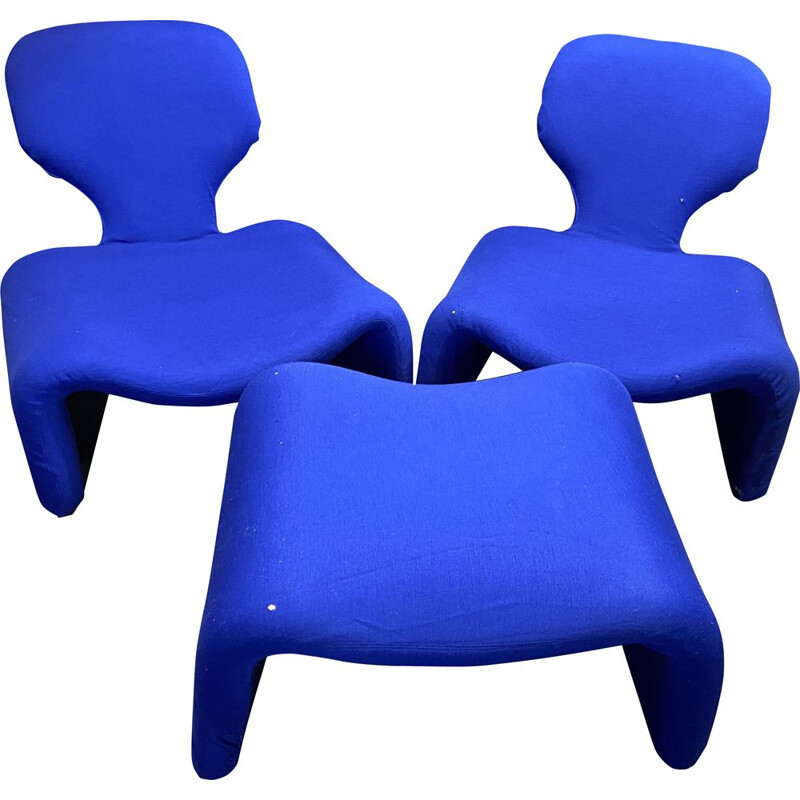 Pair of vintage Djinn aromchairs and single footrest by Olivier Mourgue for Airborne