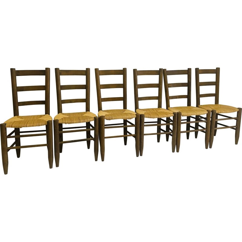 Set of 6 vintage beechwood and woven straw chairs, 1960