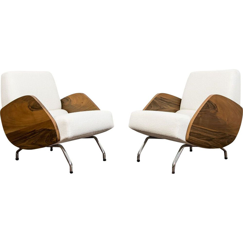 Pair of vintage walnut armchairs in white bouclé by Janusz Różański, 1950s
