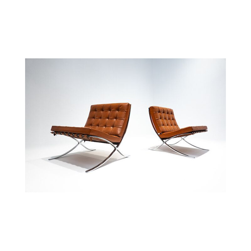 Pair of vintage cognac leather Barcelona chairs with ottoman for Knoll, 1960s