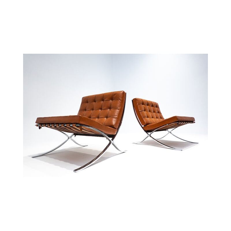 Pair of vintage cognac leather Barcelona chairs with ottoman for Knoll, 1960s