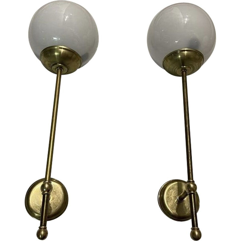 Pair of vintage Italian brass opaline glass wall lamps