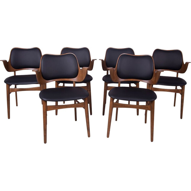 Set of 6 vintage leather and beechwood armchairs by Hans Olsen for Bramin, 1950s