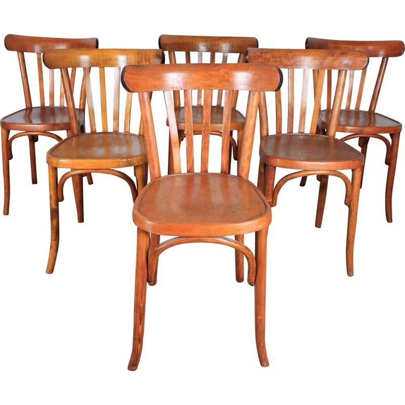 Set of 6 vintage beechwood bistro chairs, 1960