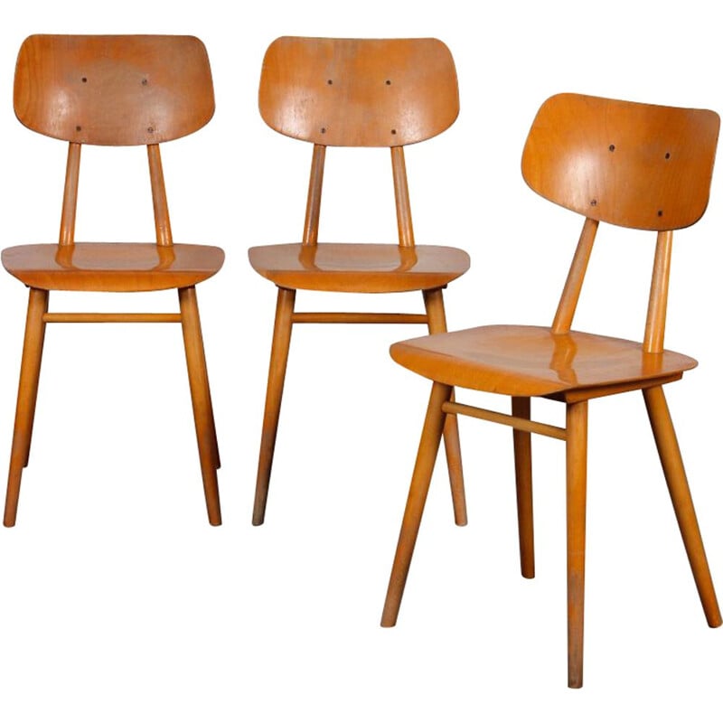 Set of 3 vintage wooden chairs by Ton, 1960