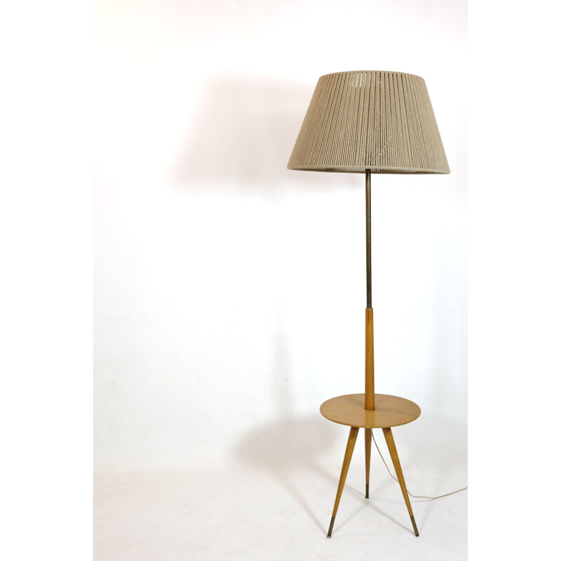 Vintage French tripod floor lamp in light oakwood and brass with shelf, 1950