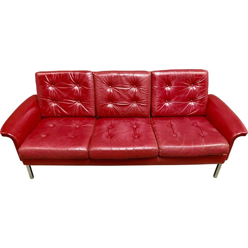 Vintage 3 seater red leather sofa, 1950s