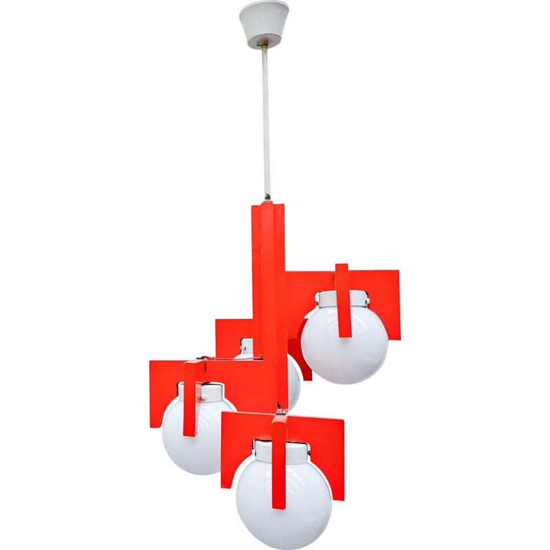 Mid-century red lacquered wood and opaline pendant lamp, Italy 1970s