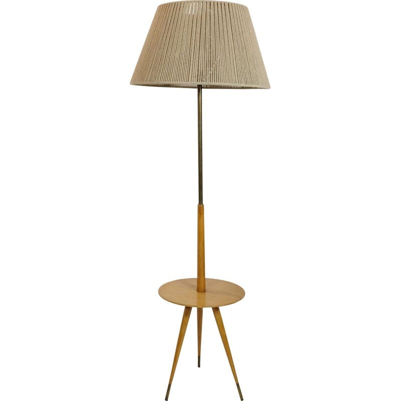Vintage French tripod floor lamp in light oakwood and brass with shelf, 1950
