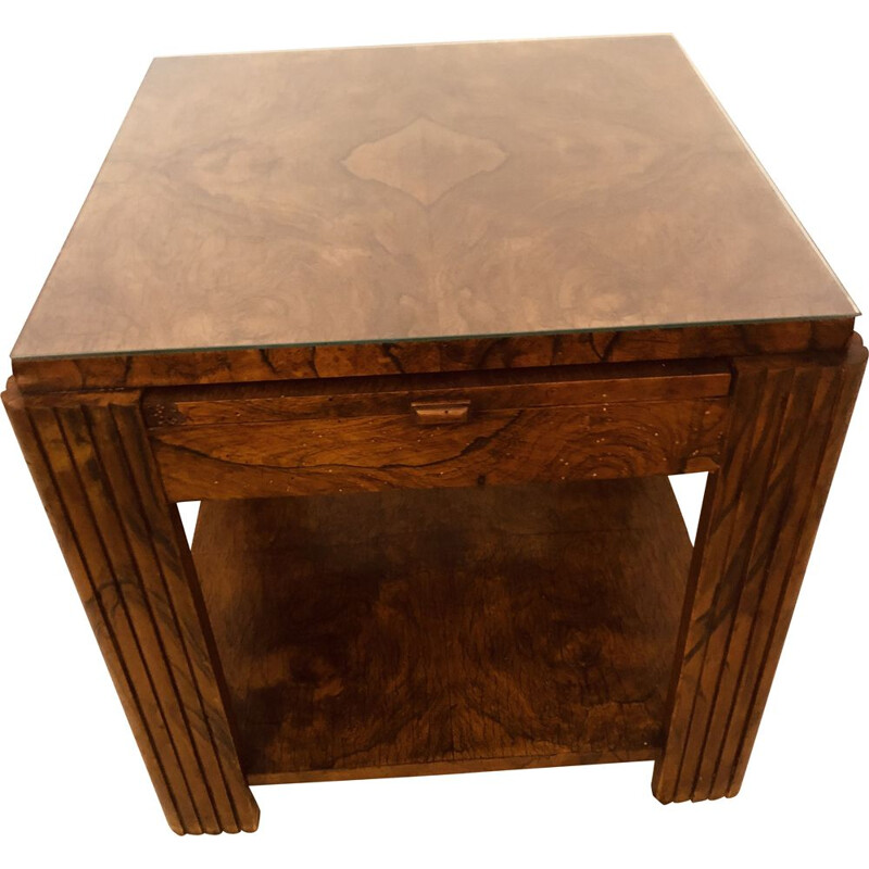 Vintage "Art Deco" table in solid oak with burl veneer