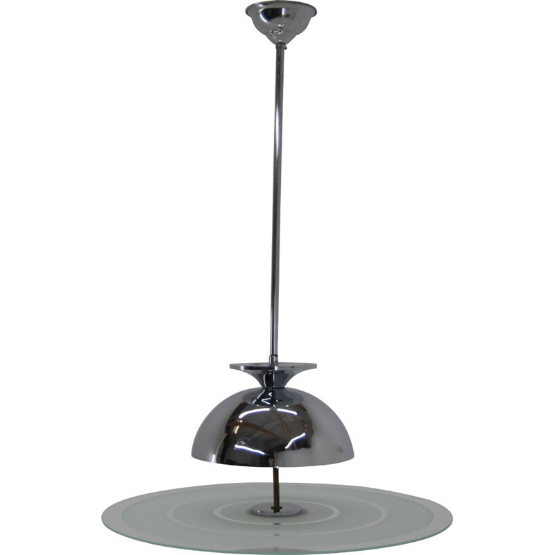 Vintage Bauhaus chandelier in chrome and sandblasted glass, 1930s