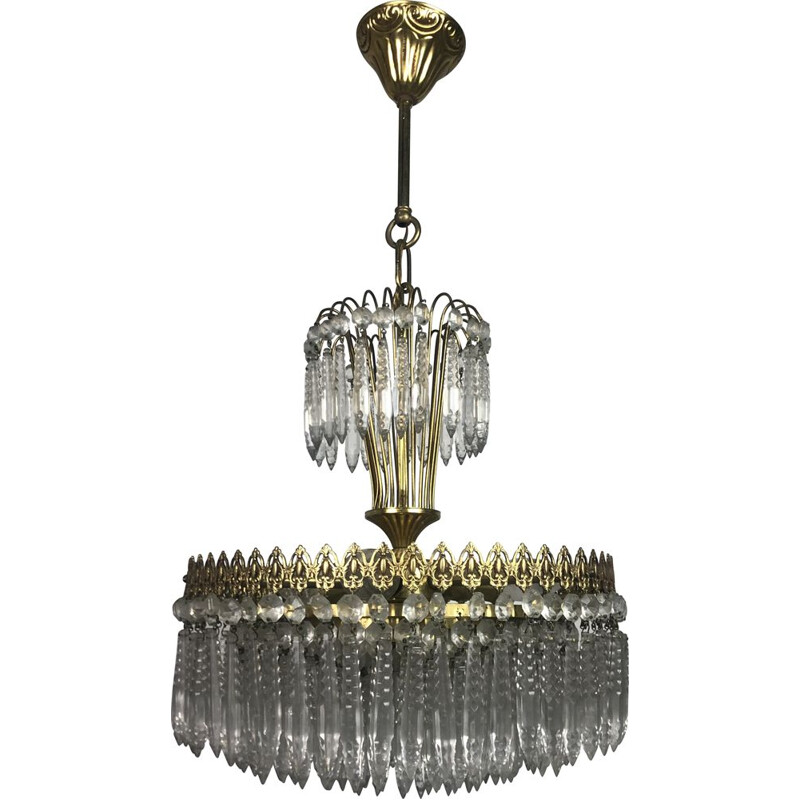 Vintage gilded brass crown chandelier and crystal papillae, 1970