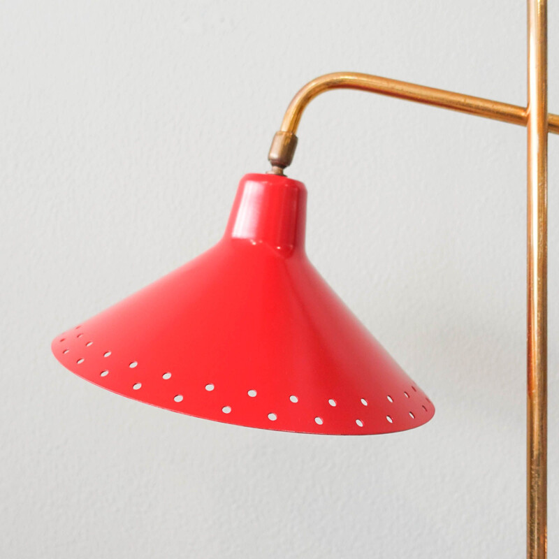 German mid-century red & brass floor lamp, 1950s