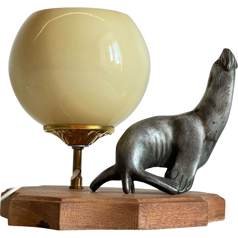 Vintage Art Deco metal and glass sea lion lamp, 1930